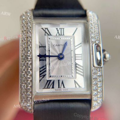 Replica Cartier Anglaise Tank Silver Roman Dial Stainless Steel Diamond Bezel